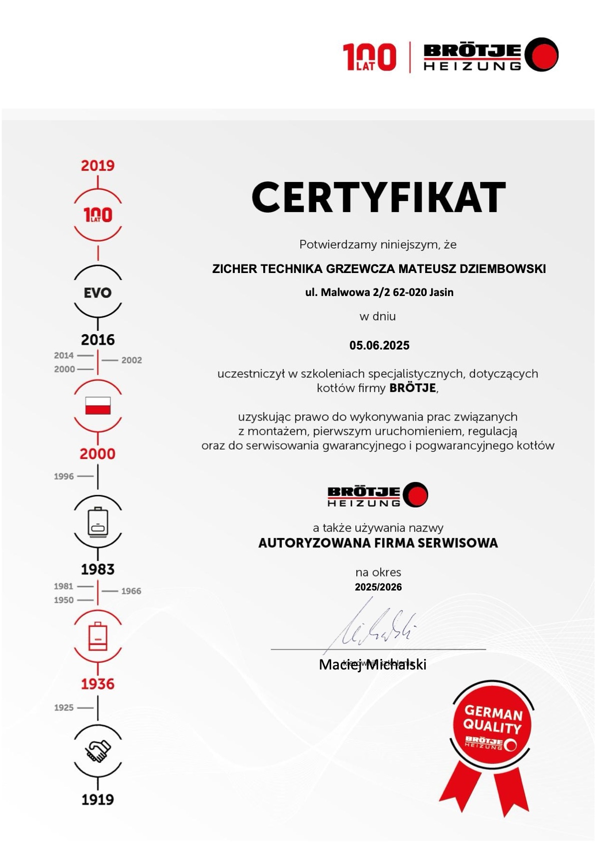 Autoryzowany serwis i montaż Brotje certyfikat